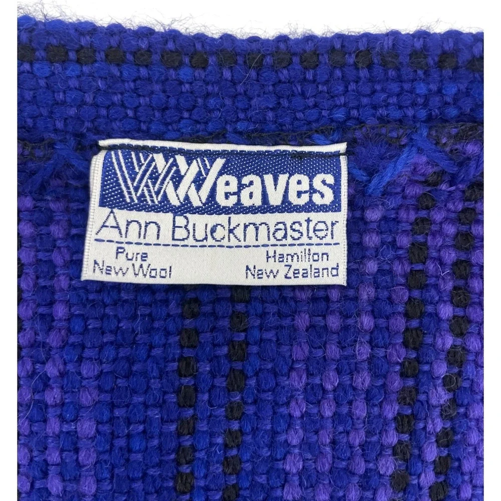 Ann‎ Buckmaster Weaves Vest Fringe Large Blue Pure New Wool Open Front Vintage